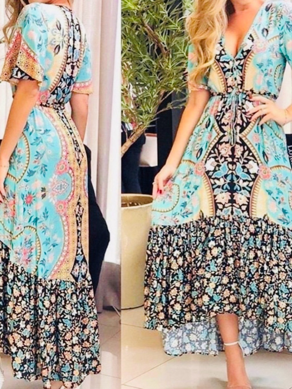 FARM Rio Aqua Paisley & Floral V-Neck  Dress. Size L.